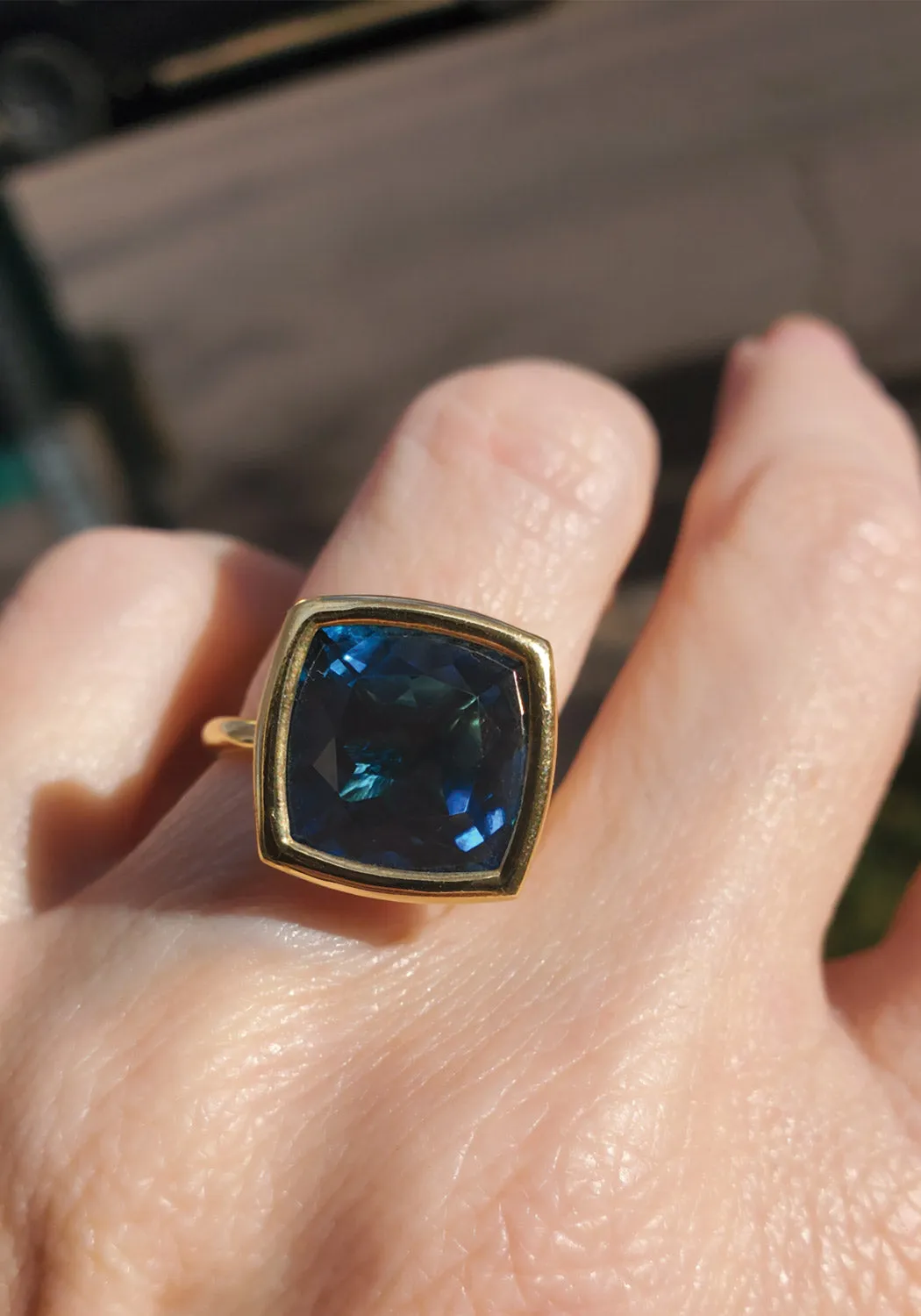 A & Furst Gaia 18KYG Large Cushion Cut London Blue Topaz Ring