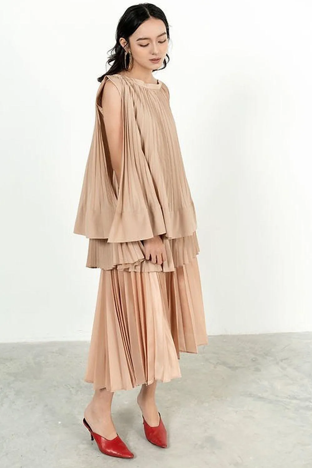 Andrea Pleated Flared Polyester Top