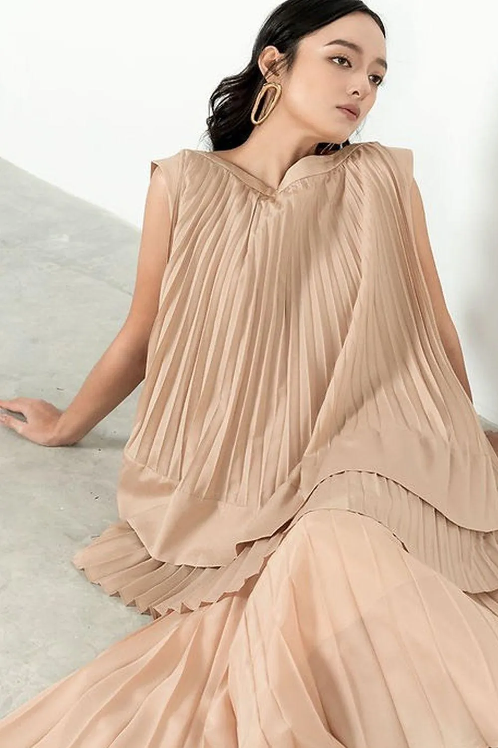 Andrea Pleated Flared Polyester Top