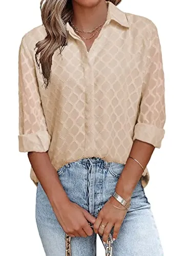 Apricot Womens Button Down Shirts Long Sleeve V Neck Blouses Tops for Work - FARYSAYS
