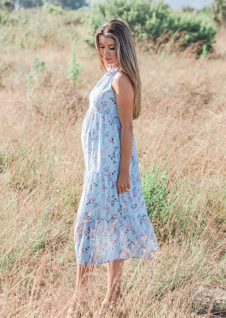 Baby Blue Floral Chiffon Dress