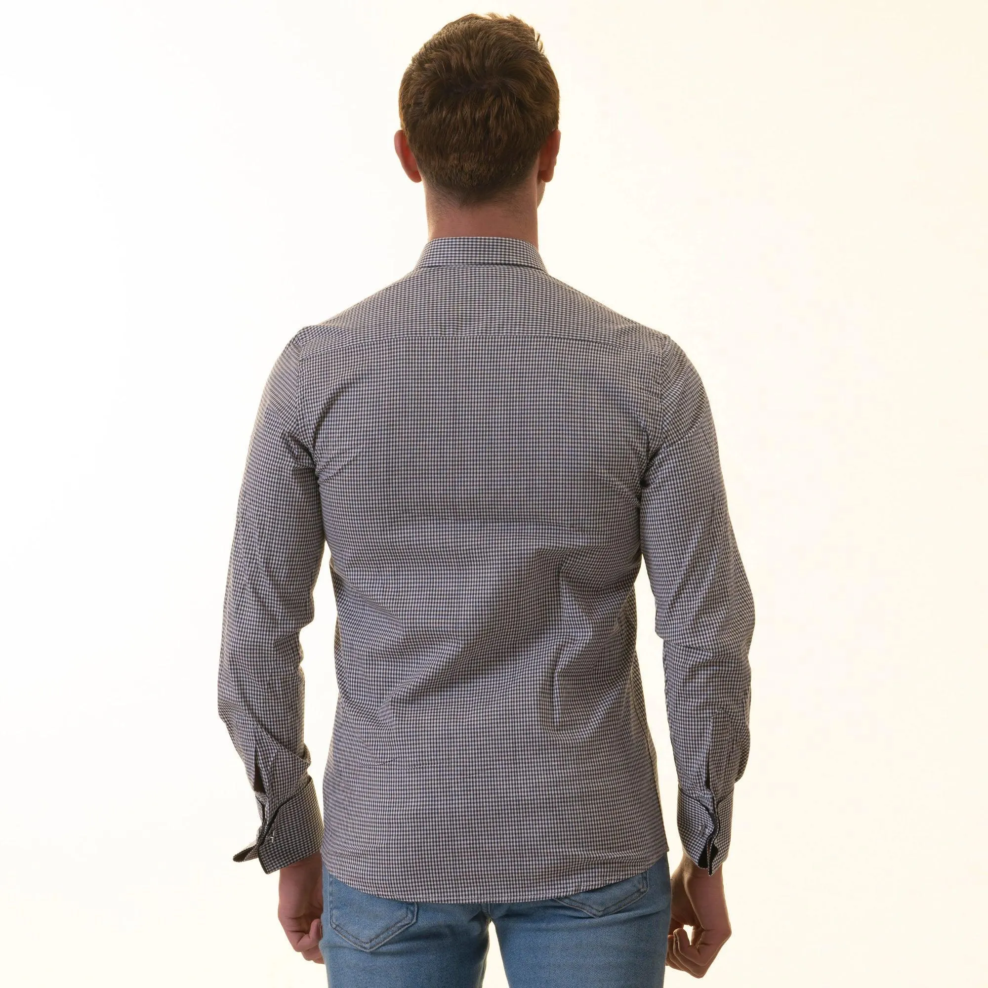 Black Checkered Mens Slim Fit Designer French Cuff Shirt