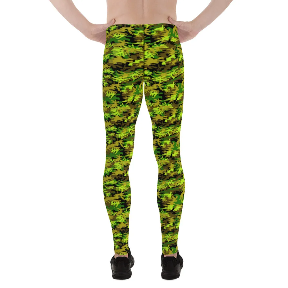 Black Green Camo Print Meggings, Army Military Print Men's Leggings-Made in USA/EU