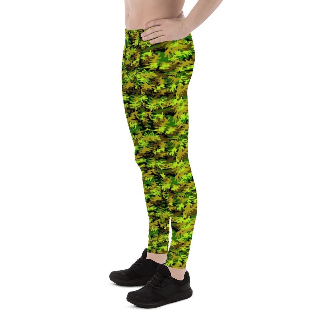 Black Green Camo Print Meggings, Army Military Print Men's Leggings-Made in USA/EU