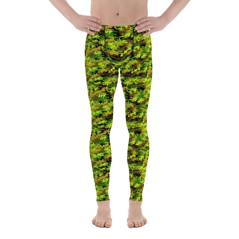 Black Green Camo Print Meggings, Army Military Print Men's Leggings-Made in USA/EU