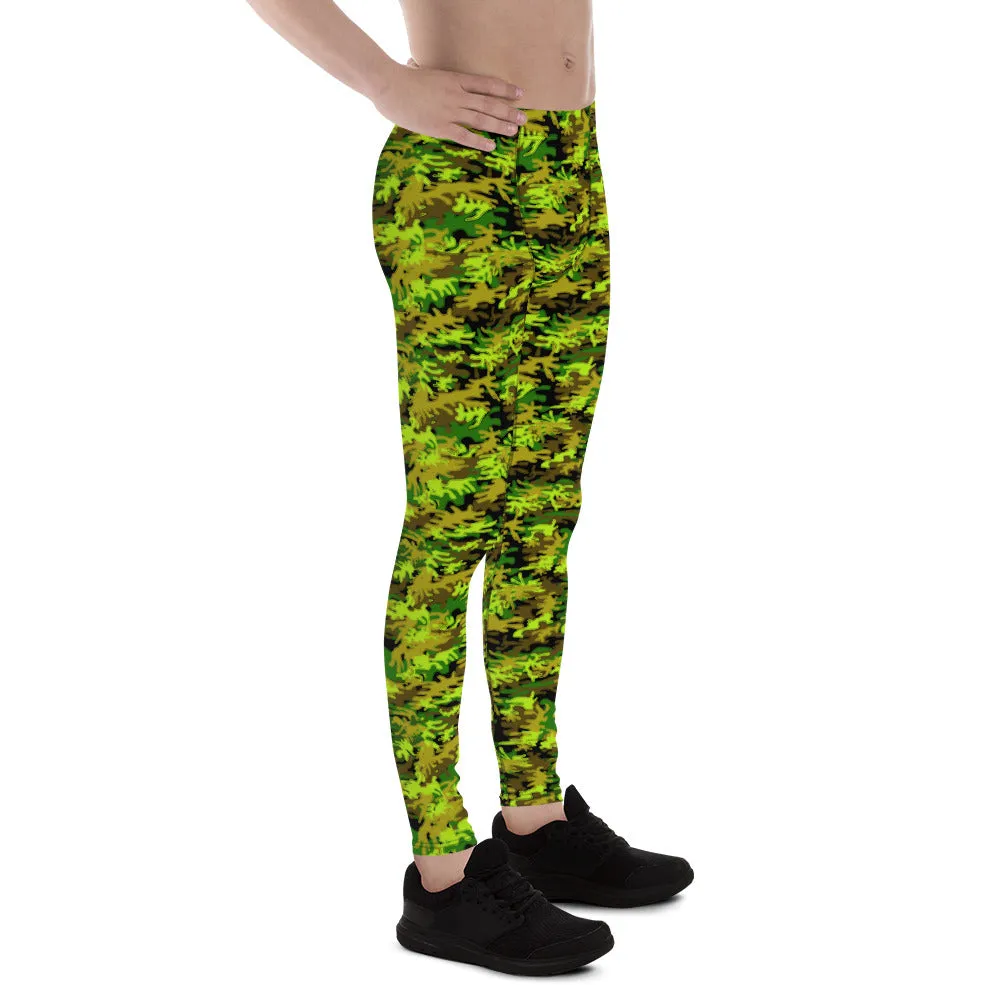Black Green Camo Print Meggings, Army Military Print Men's Leggings-Made in USA/EU