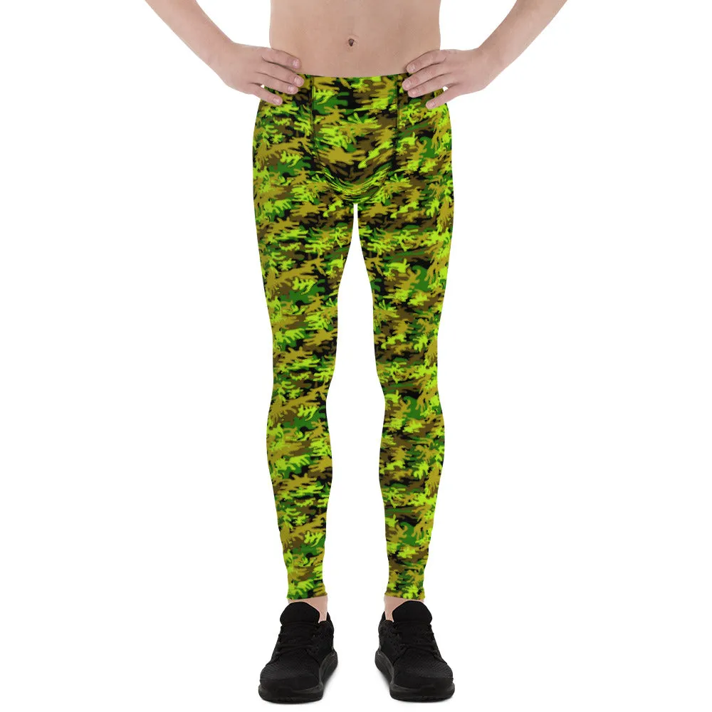 Black Green Camo Print Meggings, Army Military Print Men's Leggings-Made in USA/EU