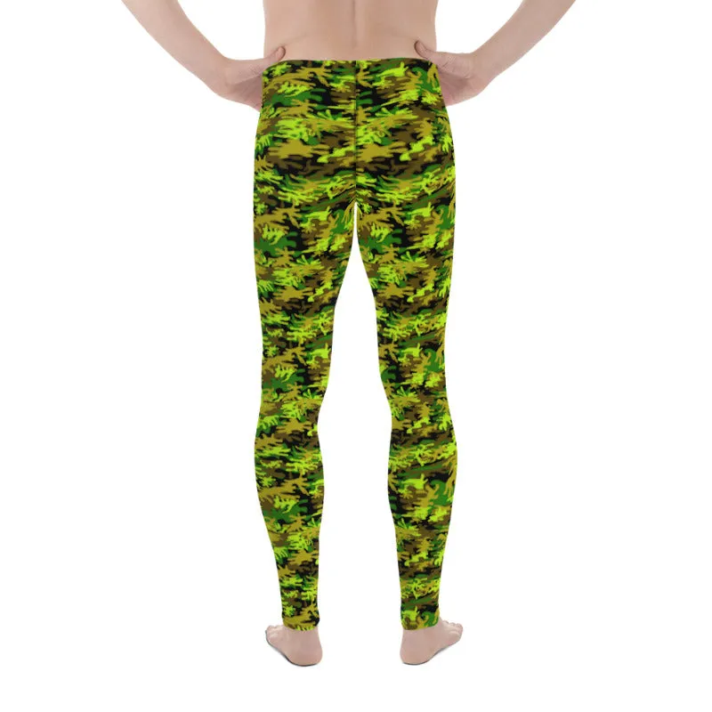 Black Green Camo Print Meggings, Army Military Print Men's Leggings-Made in USA/EU