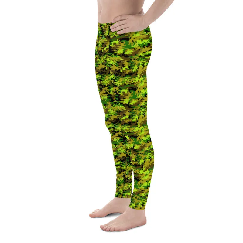 Black Green Camo Print Meggings, Army Military Print Men's Leggings-Made in USA/EU