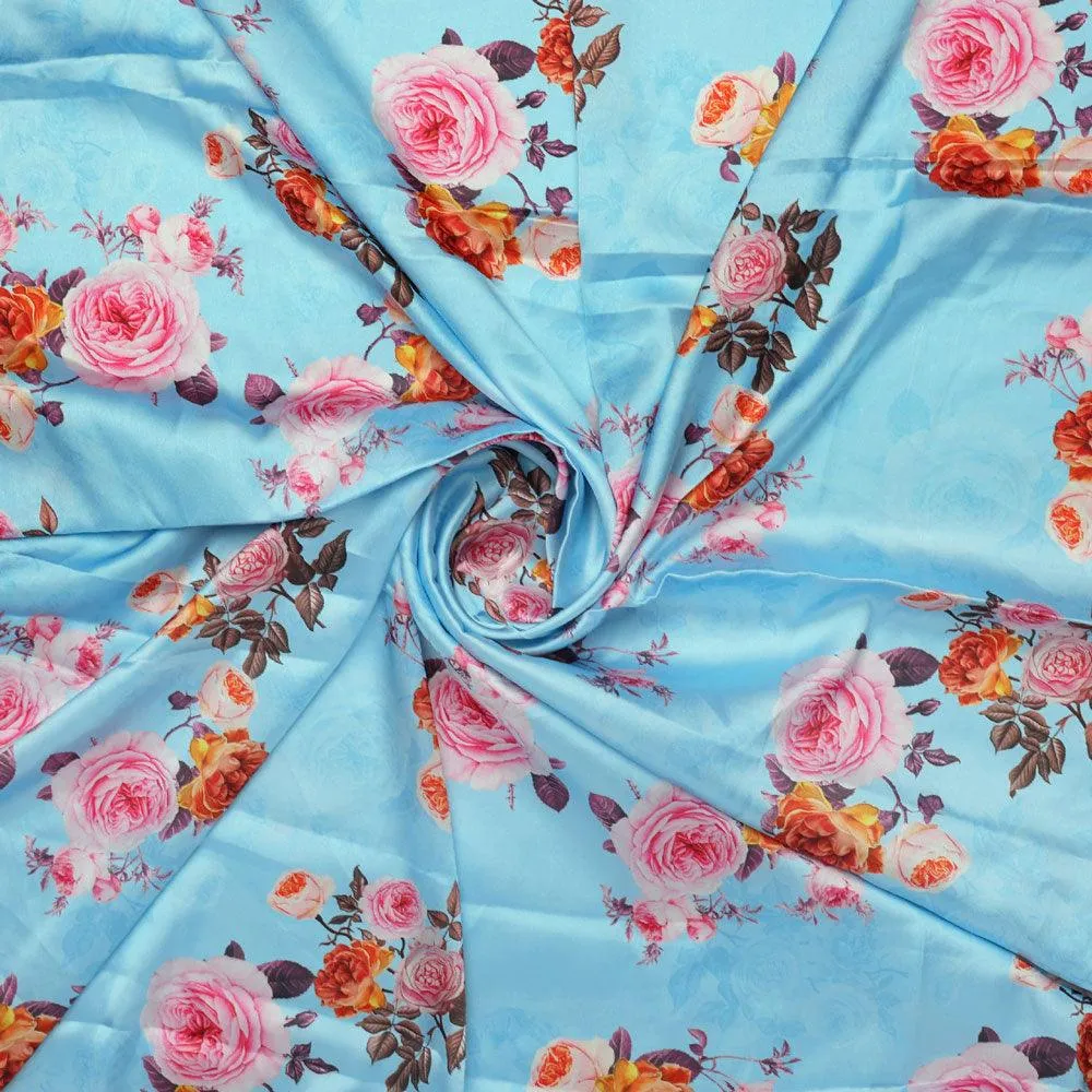 Blissful Pink Roses Digital Printed Fabric - Japan Satin