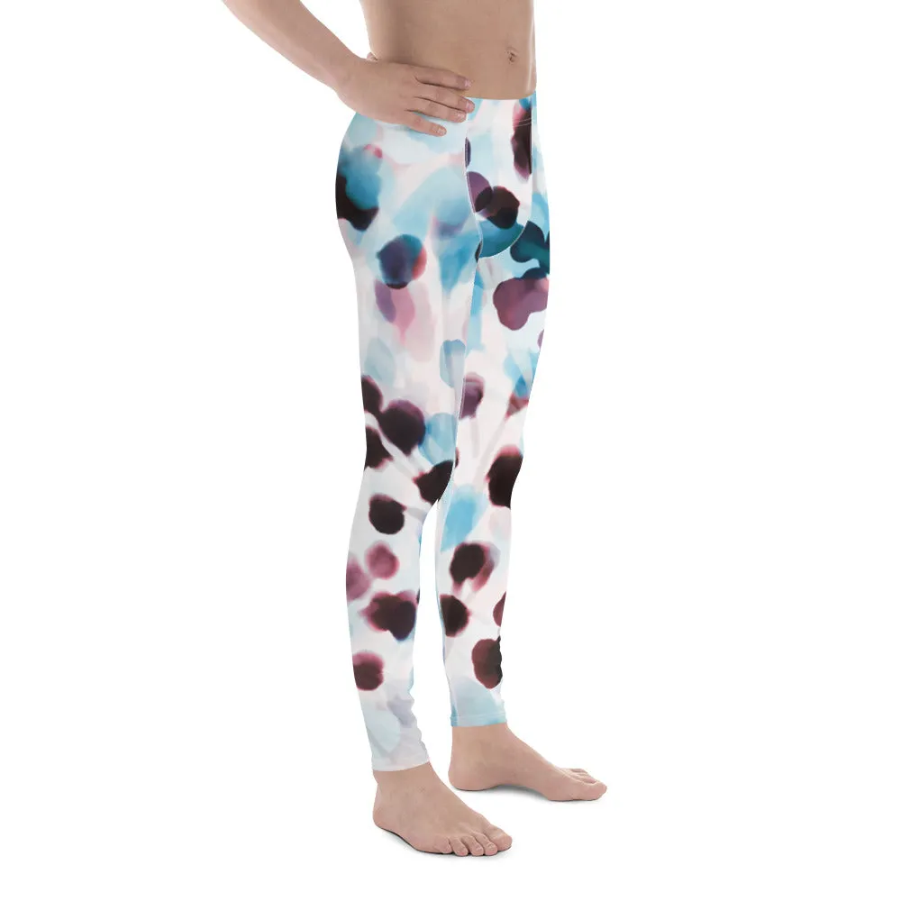Blue Dotted Abstract Men's Leggings, Watercolor Designer Compression Tights For Men - Made in USA/EU/MX
