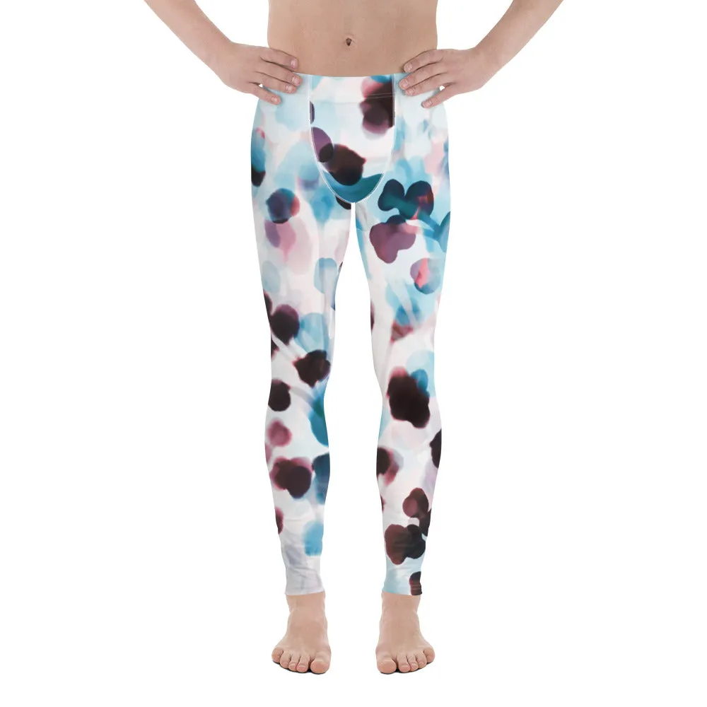 Blue Dotted Abstract Men's Leggings, Watercolor Designer Compression Tights For Men - Made in USA/EU/MX