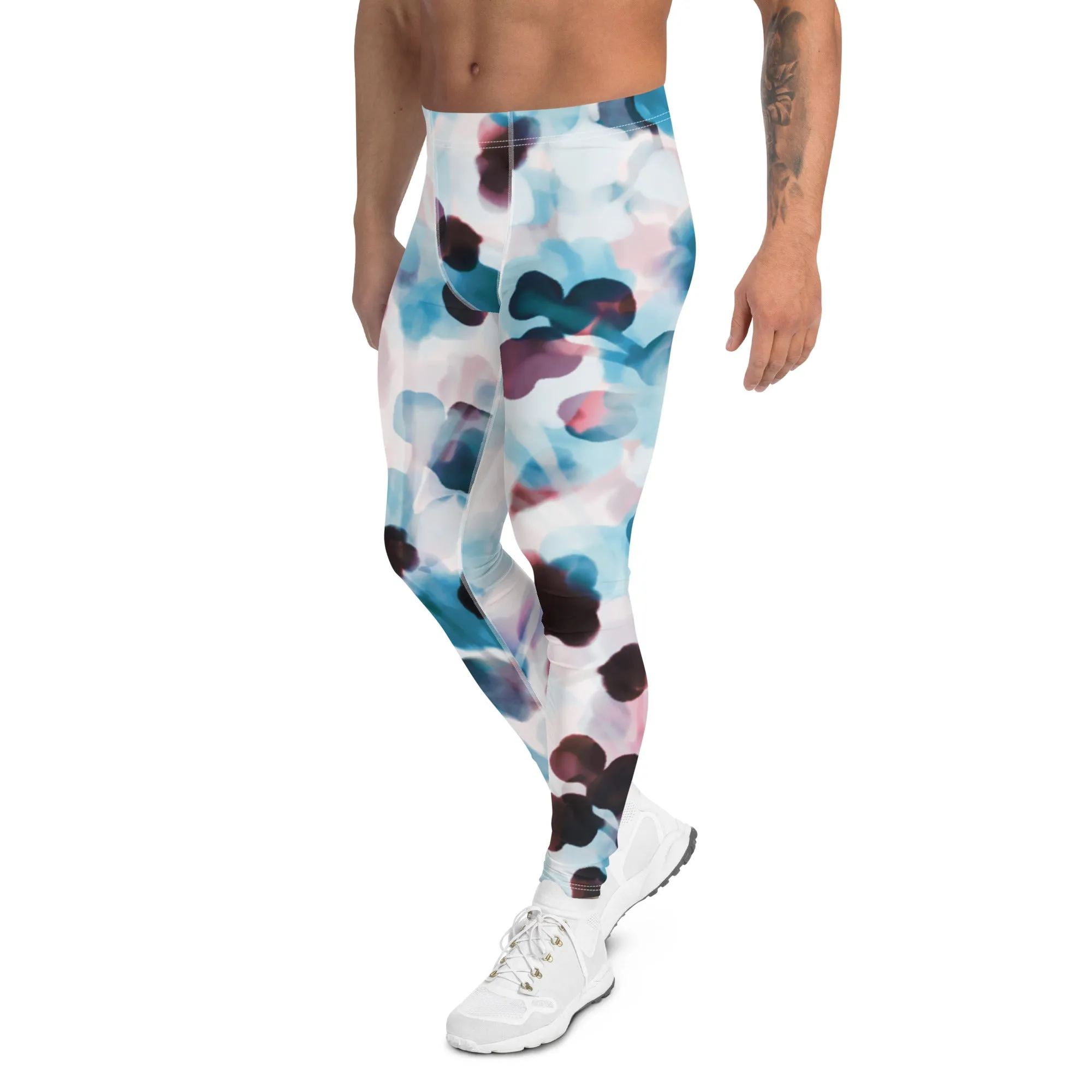 Blue Dotted Abstract Men's Leggings, Watercolor Designer Compression Tights For Men - Made in USA/EU/MX