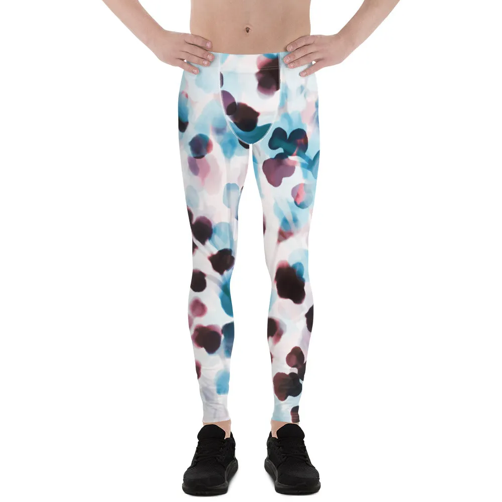Blue Dotted Abstract Men's Leggings, Watercolor Designer Compression Tights For Men - Made in USA/EU/MX