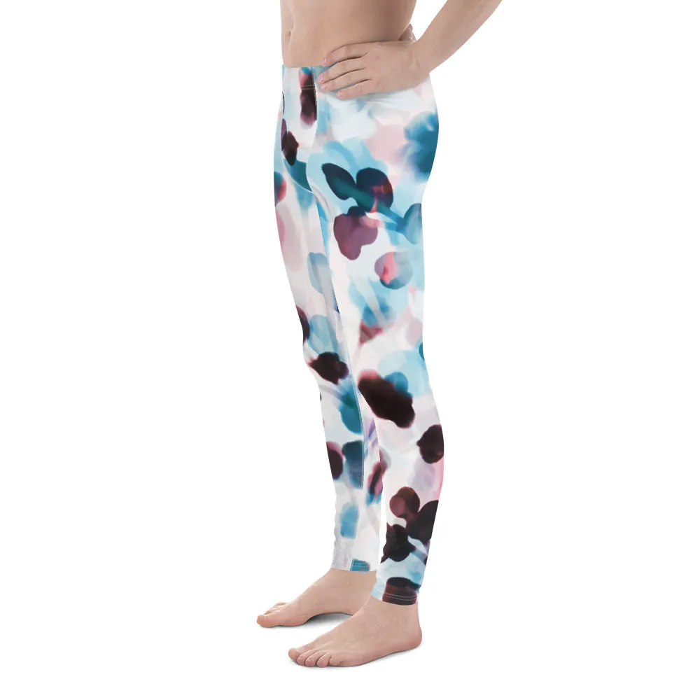 Blue Dotted Abstract Men's Leggings, Watercolor Designer Compression Tights For Men - Made in USA/EU/MX