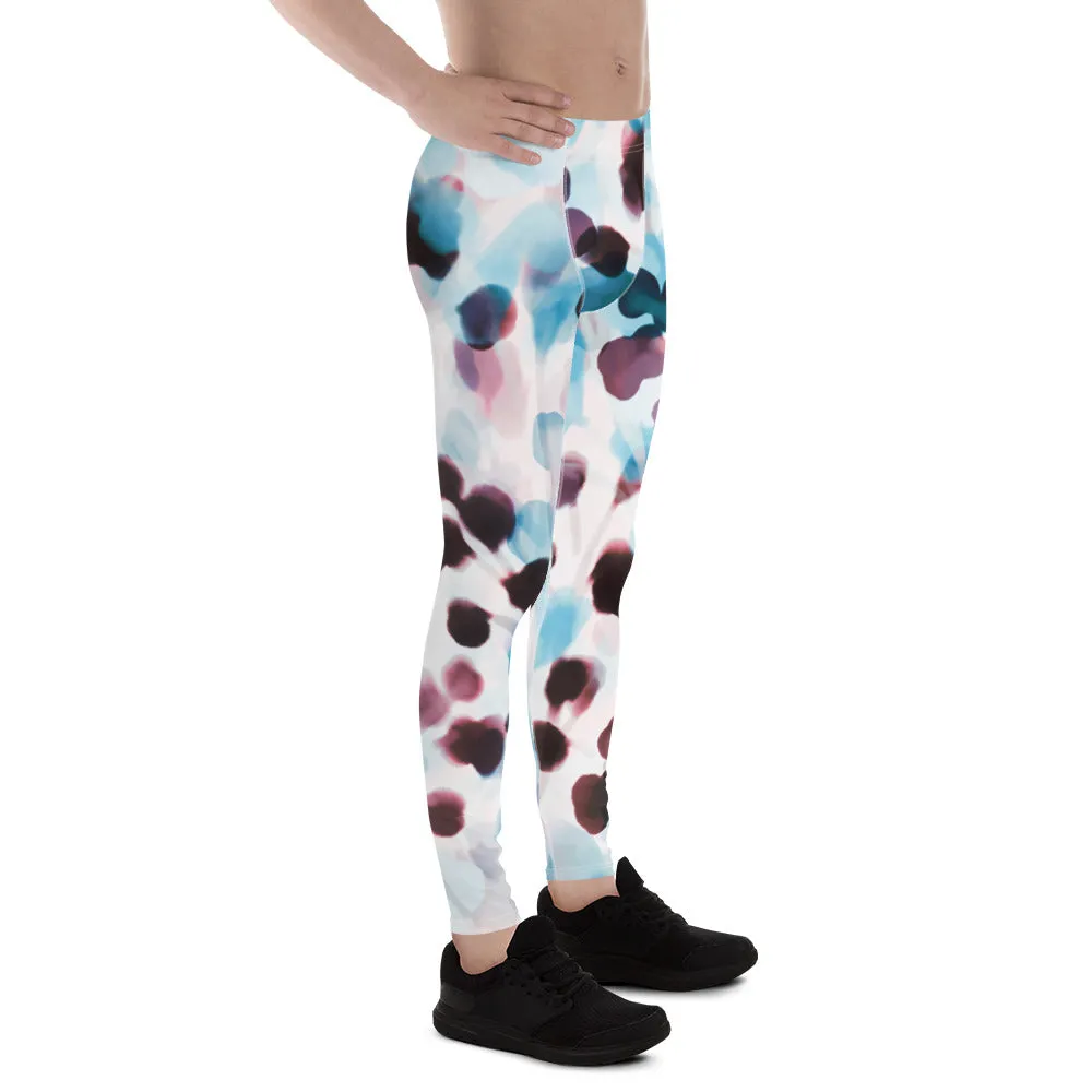 Blue Dotted Abstract Men's Leggings, Watercolor Designer Compression Tights For Men - Made in USA/EU/MX