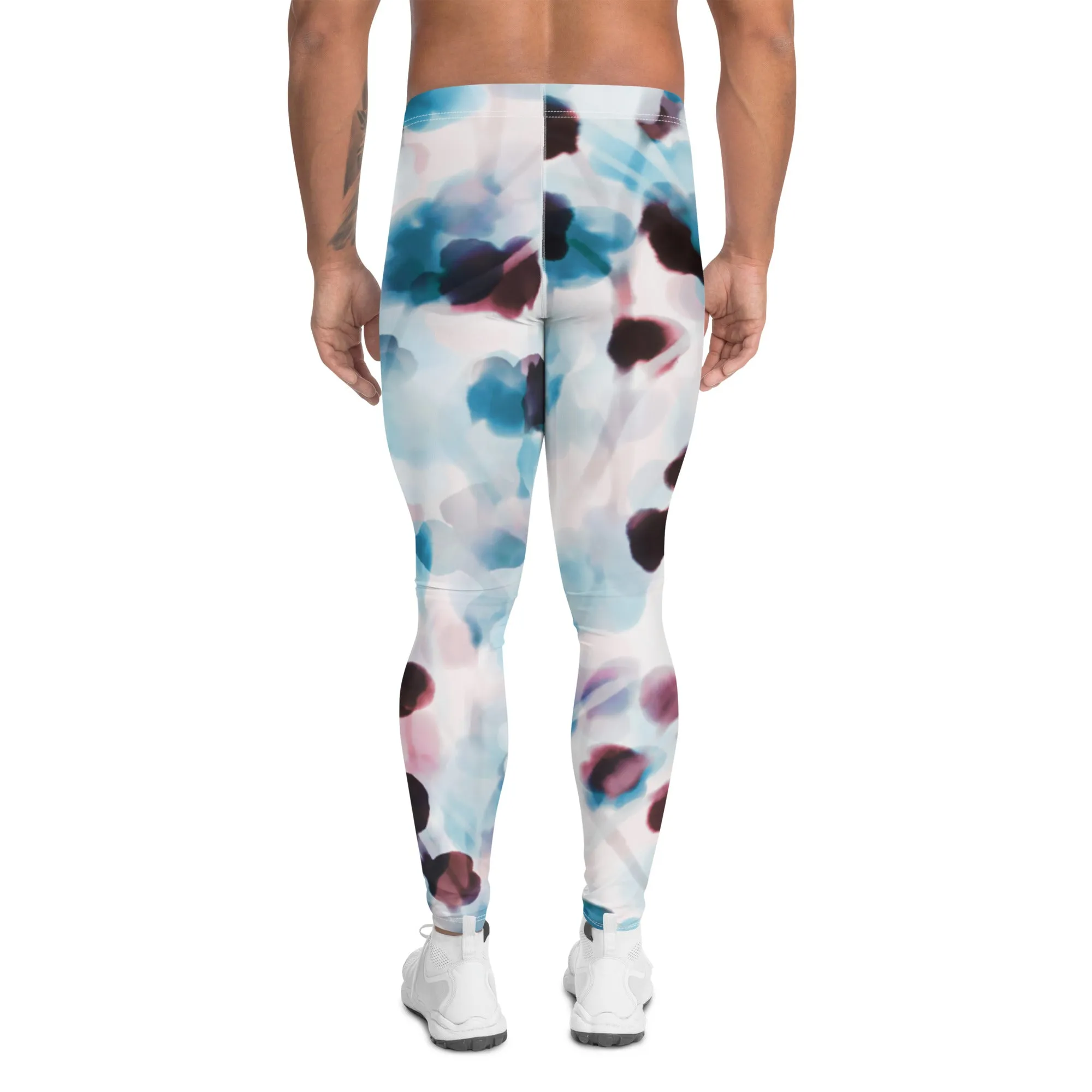 Blue Dotted Abstract Men's Leggings, Watercolor Designer Compression Tights For Men - Made in USA/EU/MX