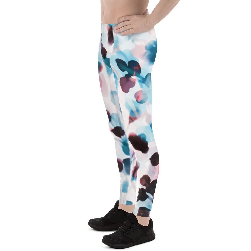 Blue Dotted Abstract Men's Leggings, Watercolor Designer Compression Tights For Men - Made in USA/EU/MX