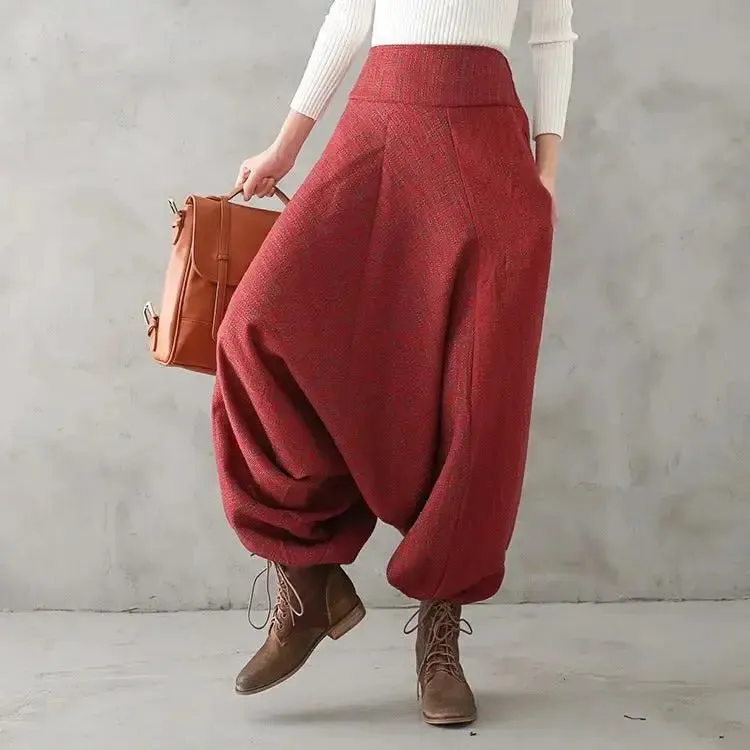 Bohemian Red Linen High Waisted Drop Baggy Harem Pants