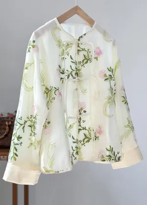 Boho Green Embroidered Button Organza Shirts Fall AG1039
