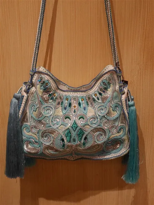 Buba Turquoise Spiral Embroidered Tote Handbag