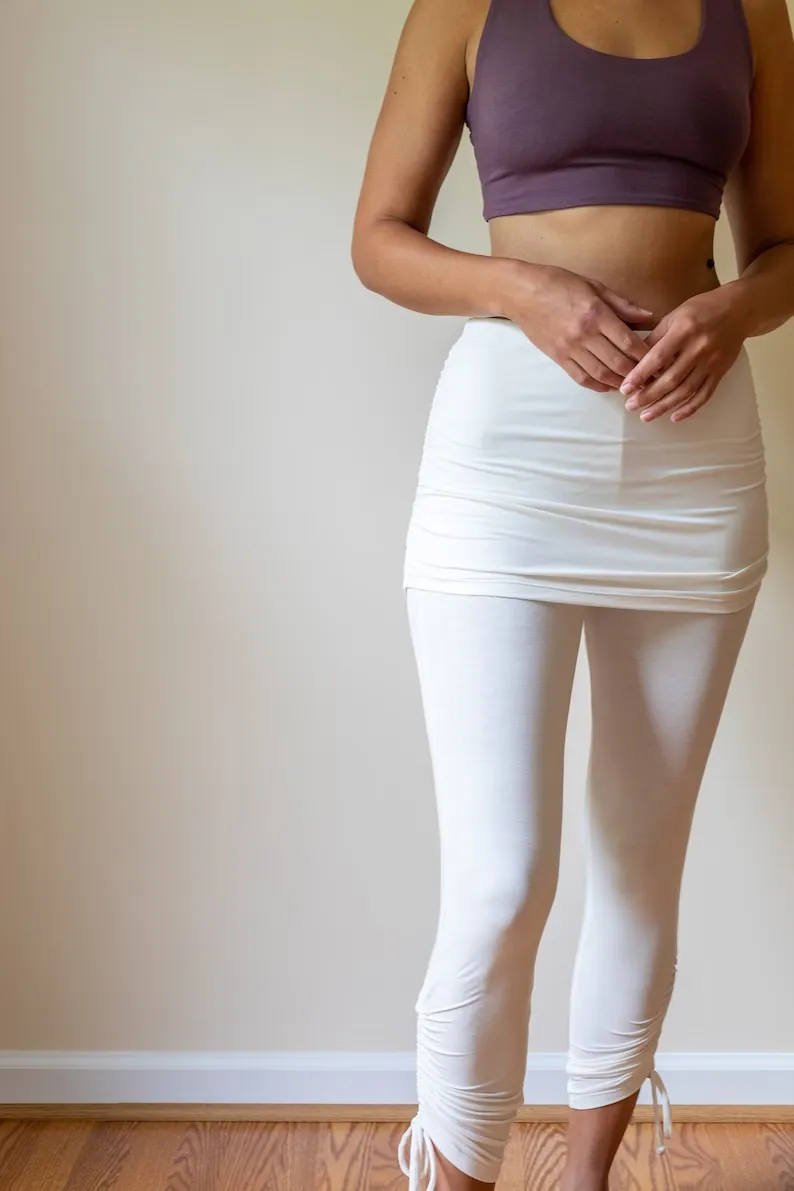 Cinched Ruched Yoga Leggings With Lace Up Side Ties and Mini Skirt
