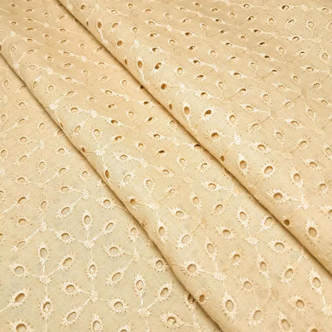 Dark Cream Floral Embroidered Cotton Hakoba Fabric (Wholesale)