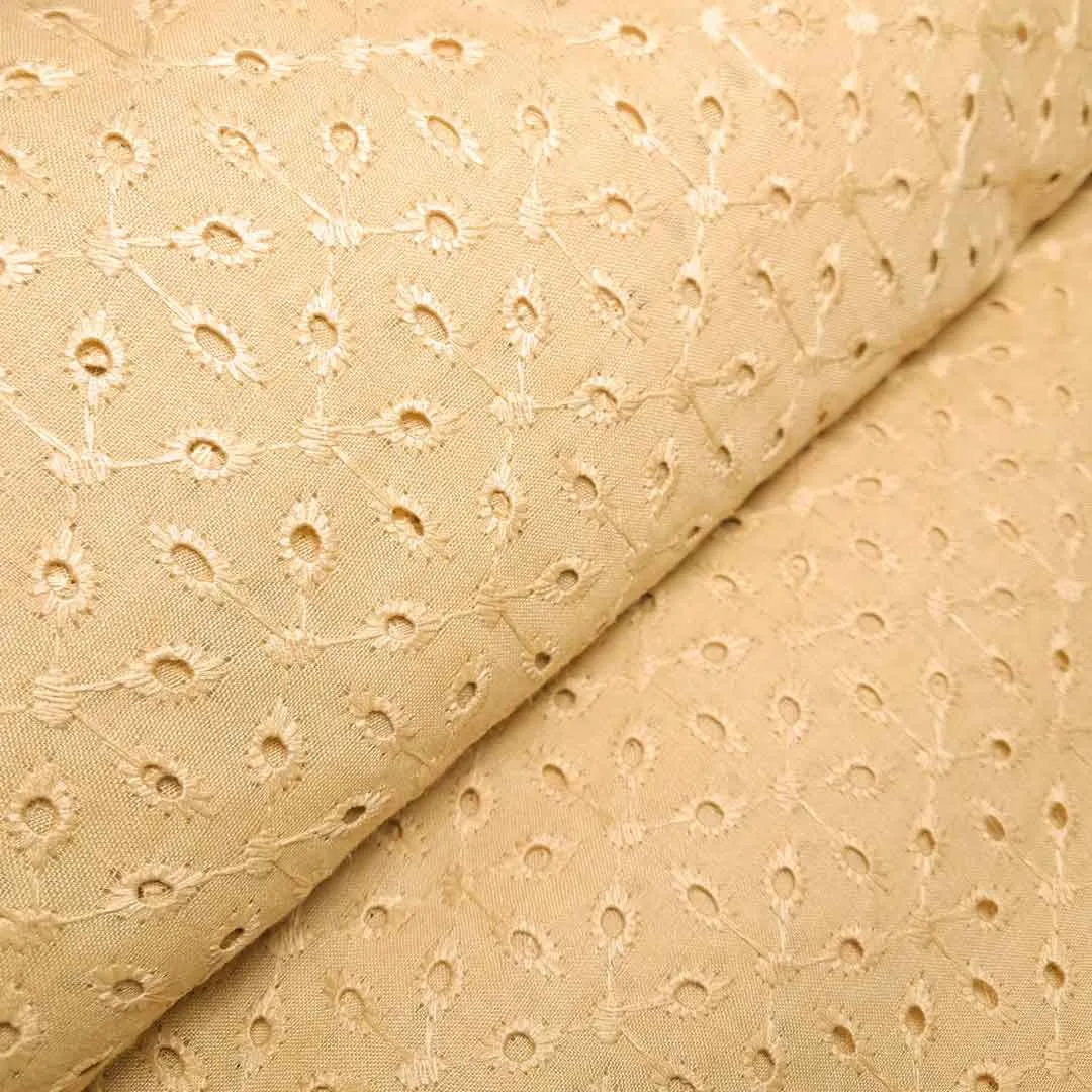 Dark Cream Floral Embroidered Cotton Hakoba Fabric (Wholesale)