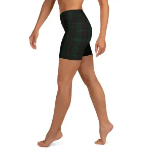 Dark Green Plaid Yoga Shorts, Tartan Print Workout Short Fitness Pants- Made in USA/EU