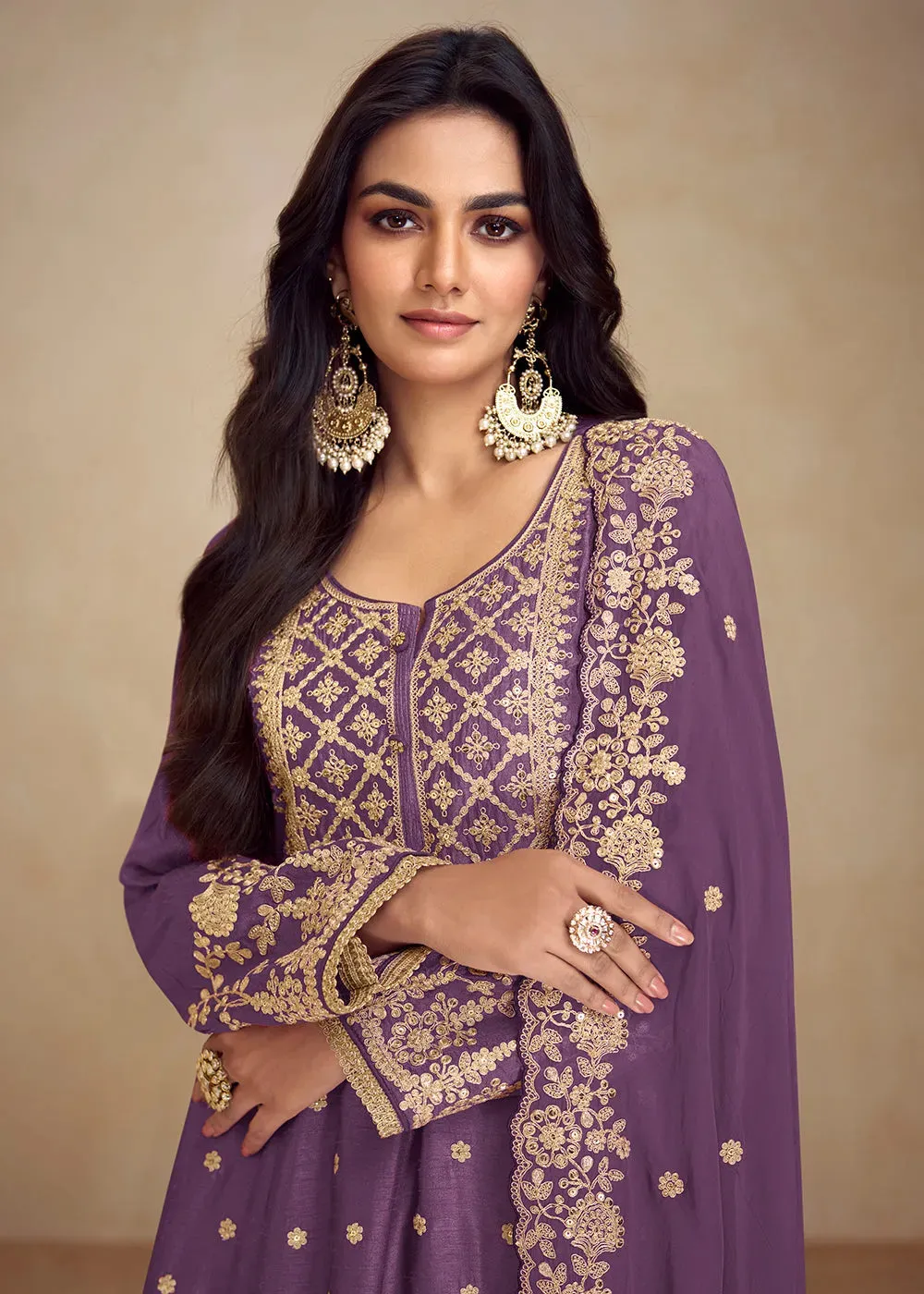Designer Pure Chinnon Purple Embroidered Palazzo Suit