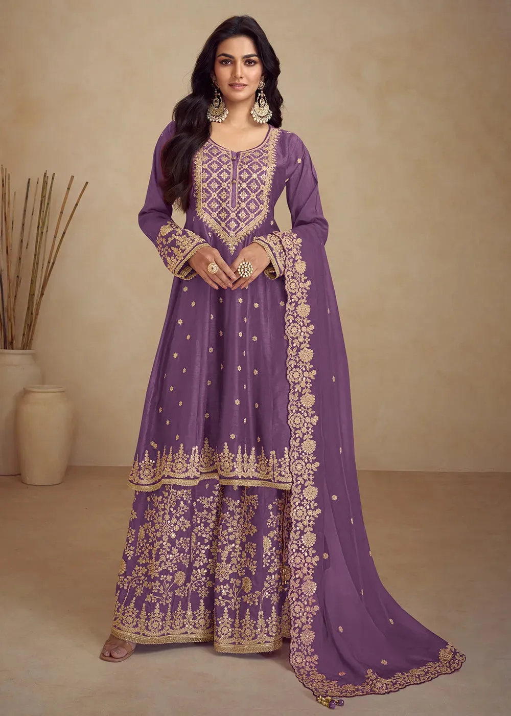 Designer Pure Chinnon Purple Embroidered Palazzo Suit