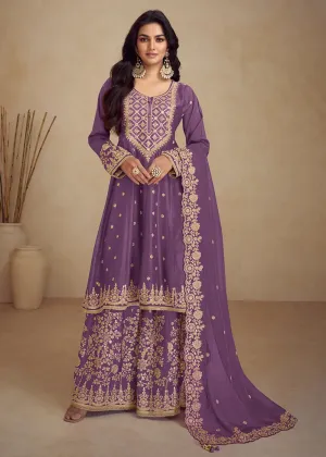 Designer Pure Chinnon Purple Embroidered Palazzo Suit