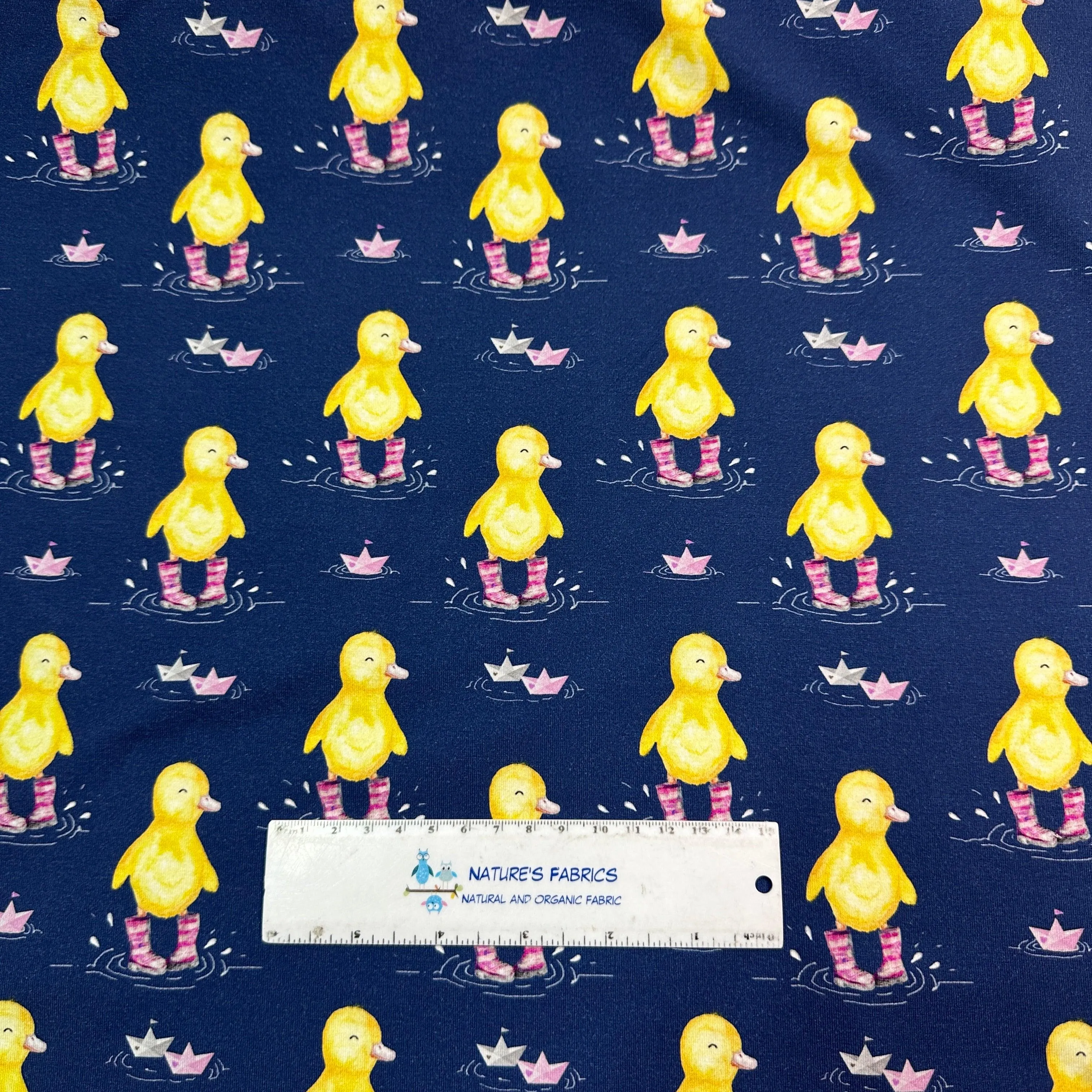 Ducks in Pink Wellies on Organic Cotton/Spandex Jersey Fabric