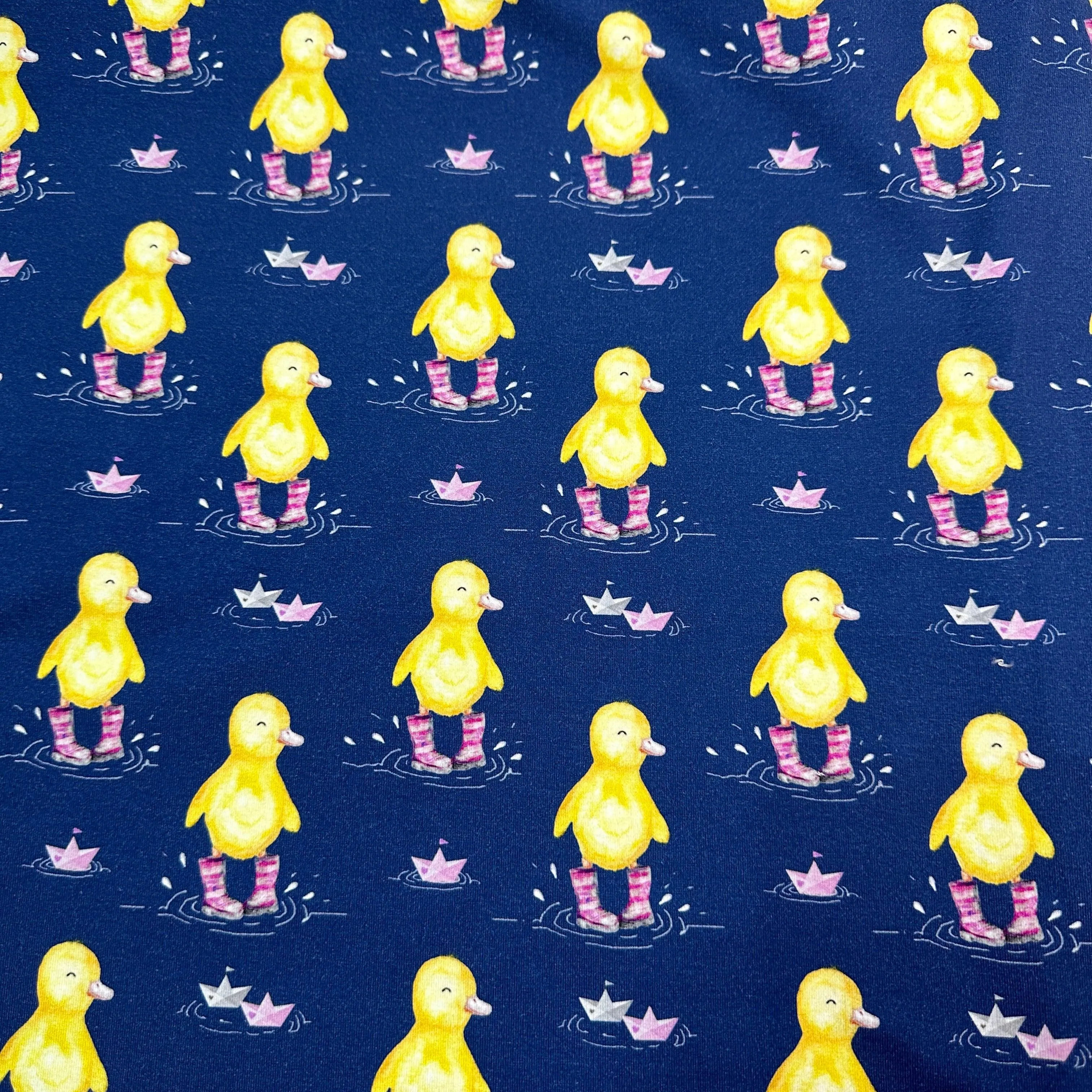 Ducks in Pink Wellies on Organic Cotton/Spandex Jersey Fabric