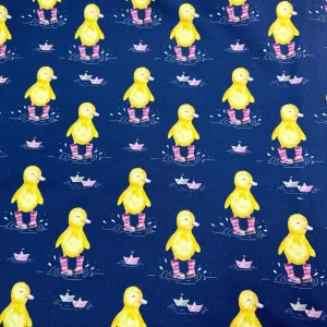 Ducks in Pink Wellies on Organic Cotton/Spandex Jersey Fabric