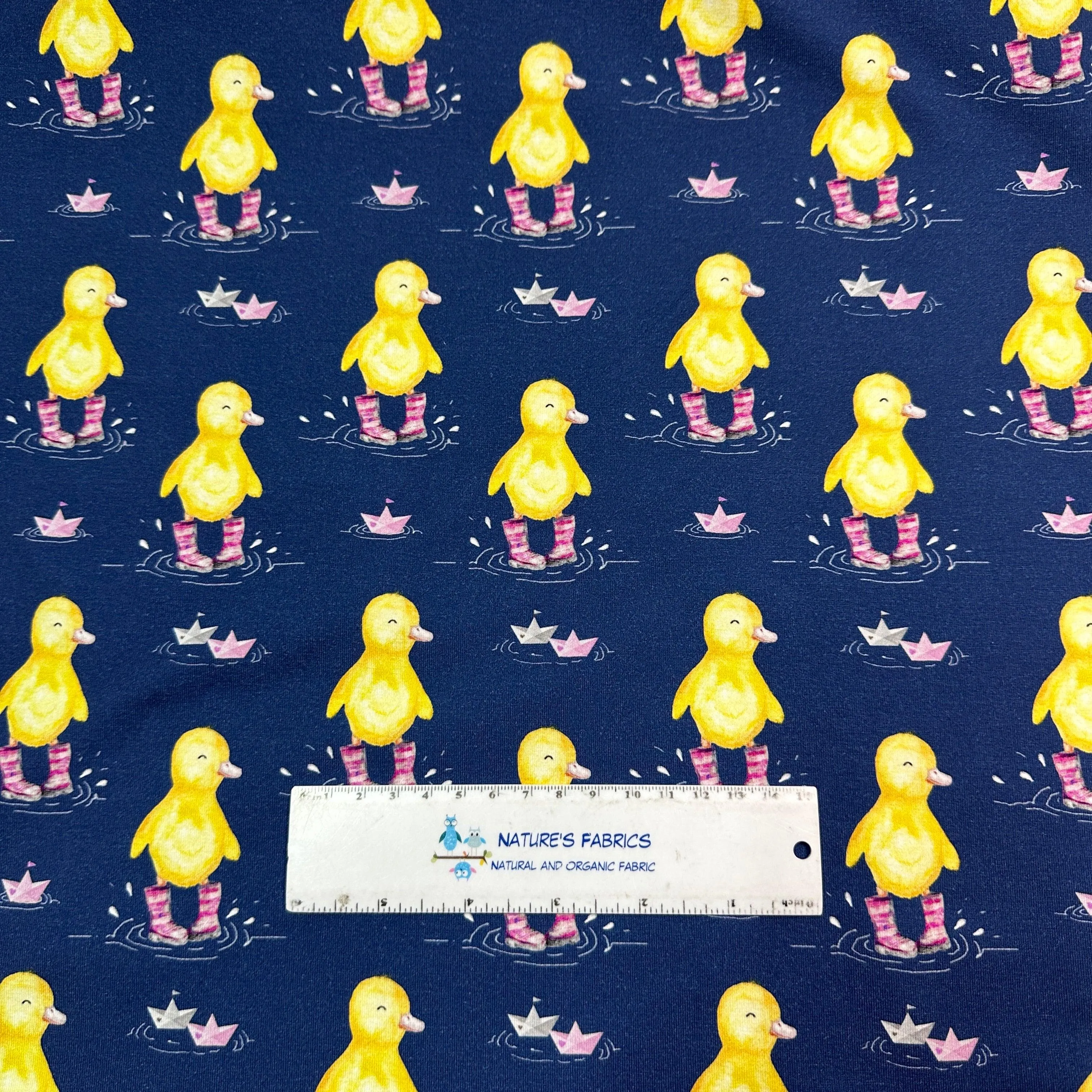 Ducks in Pink Wellies on Organic Cotton/Spandex Jersey Fabric