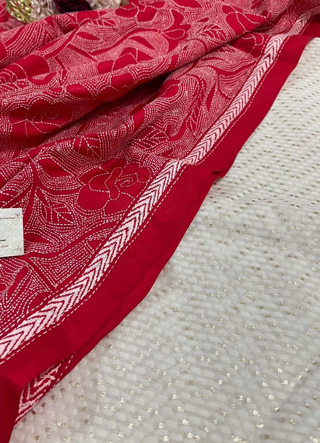 Dyeable Banarasi Cotton Silk Suit With Red Hand Embroidered Kantha Pure Bangalore Silk Dupatta