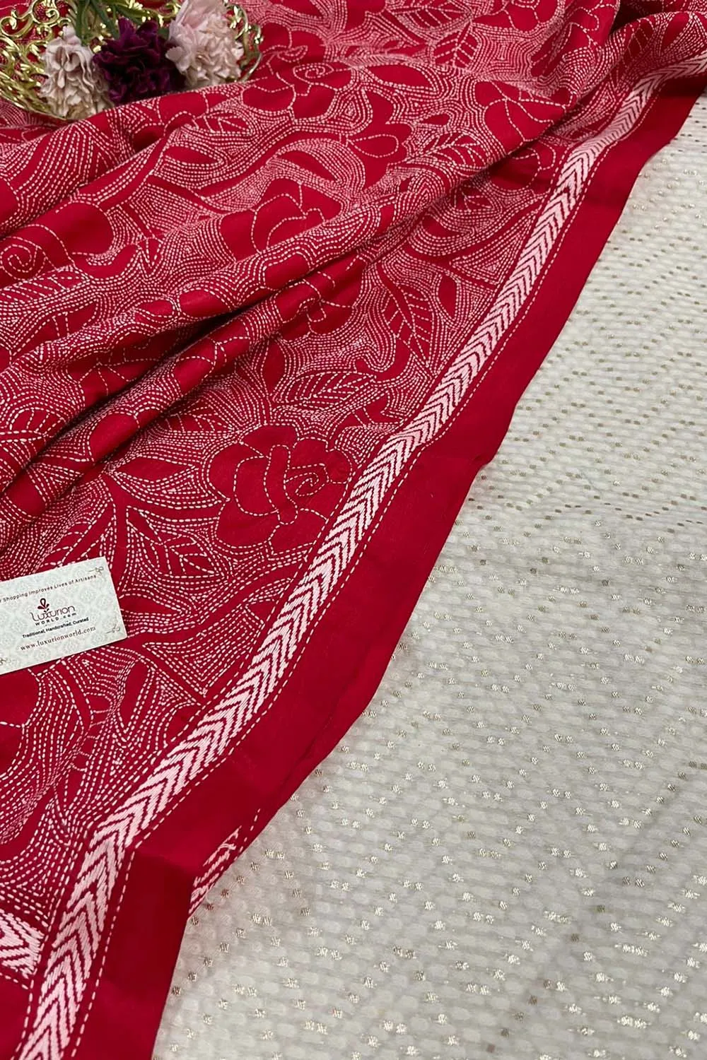 Dyeable Banarasi Cotton Silk Suit With Red Hand Embroidered Kantha Pure Bangalore Silk Dupatta