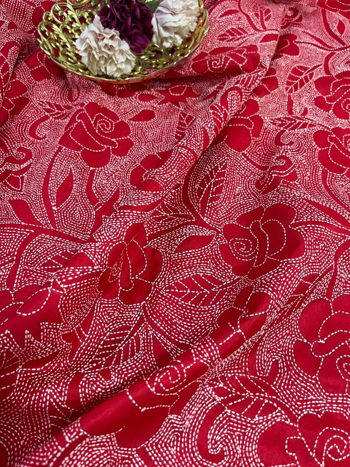 Dyeable Banarasi Cotton Silk Suit With Red Hand Embroidered Kantha Pure Bangalore Silk Dupatta