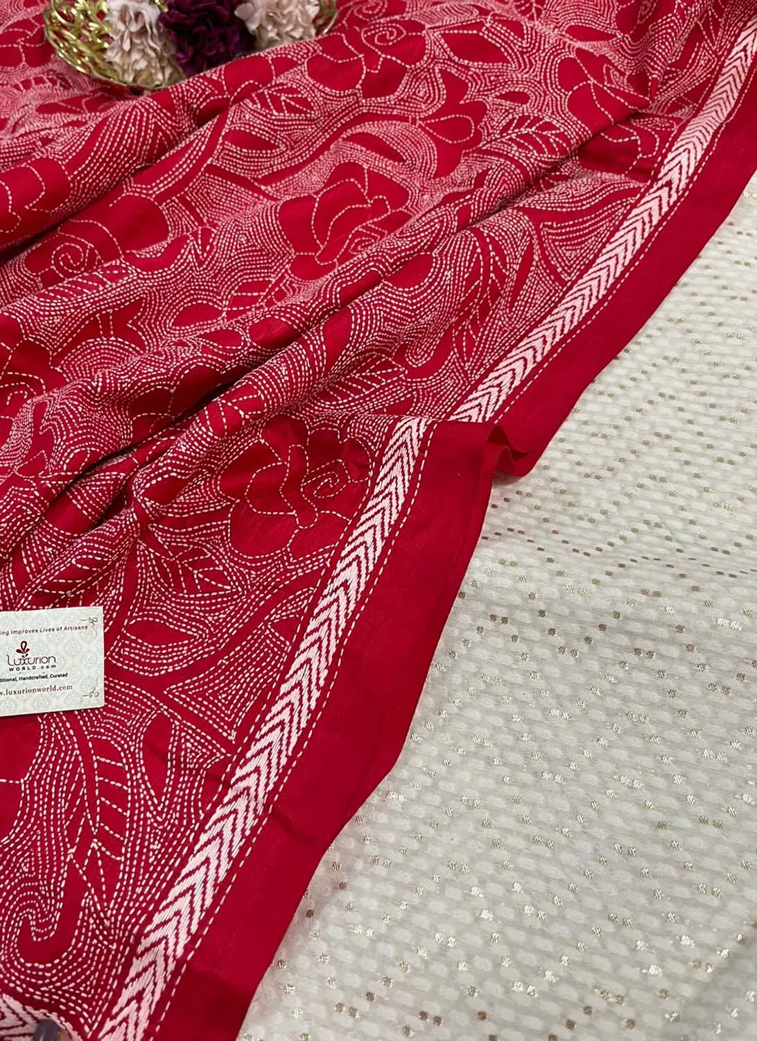 Dyeable Banarasi Cotton Silk Suit With Red Hand Embroidered Kantha Pure Bangalore Silk Dupatta