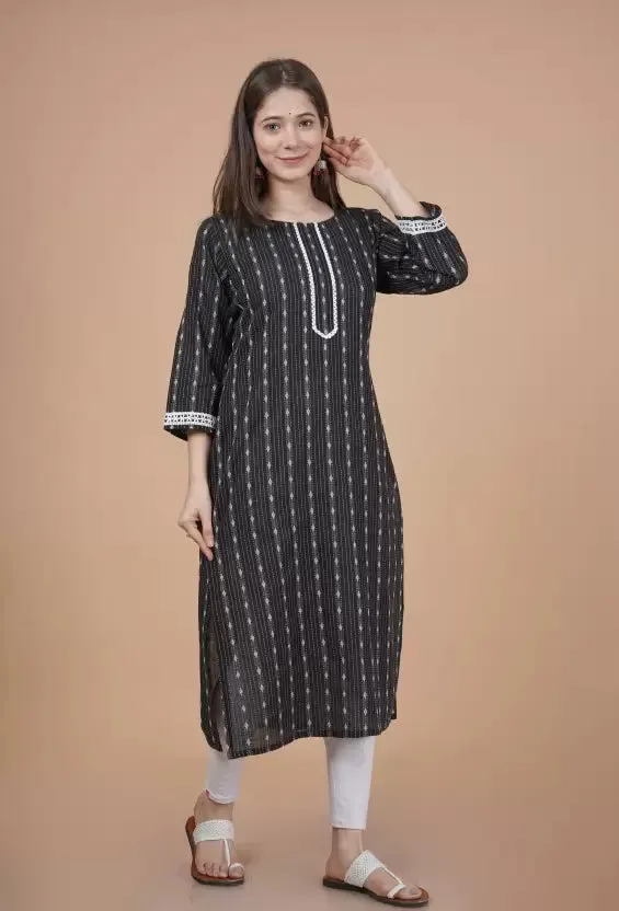Elegant Black  Cotton Kurta with Woven Design