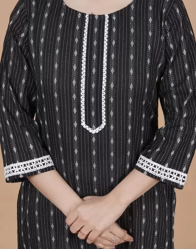 Elegant Black  Cotton Kurta with Woven Design