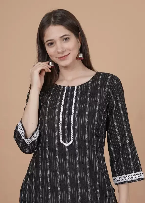 Elegant Black  Cotton Kurta with Woven Design