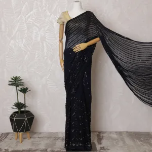 Elegant Midnight Blue Silk Chiffon Saree with Black Sequin Embroidery,110 cm Width, 5.5 Meters Piece-D19478