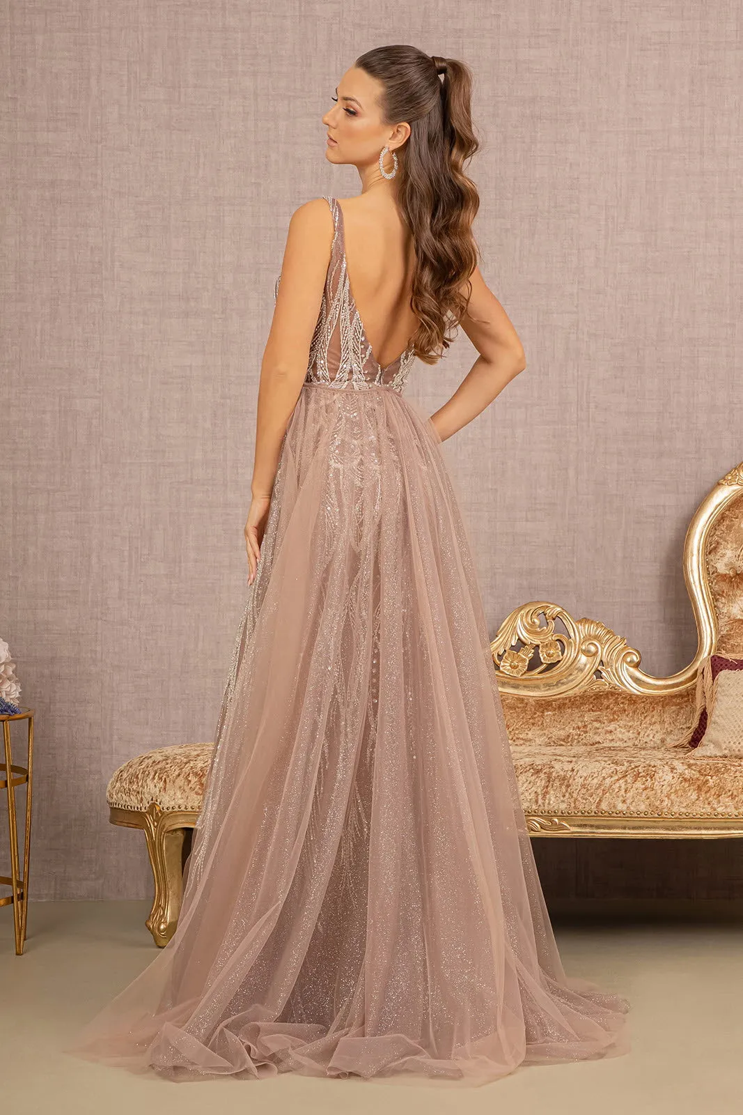 Embroidery Sheer Side Mermaid w/ Detachable Waist Mesh Layer Long Prom Dress GLGL3115