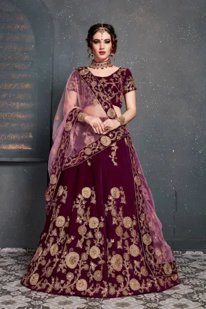 Energetic Purple Bridal Wear Embroidered Velvet Lehenga Choli