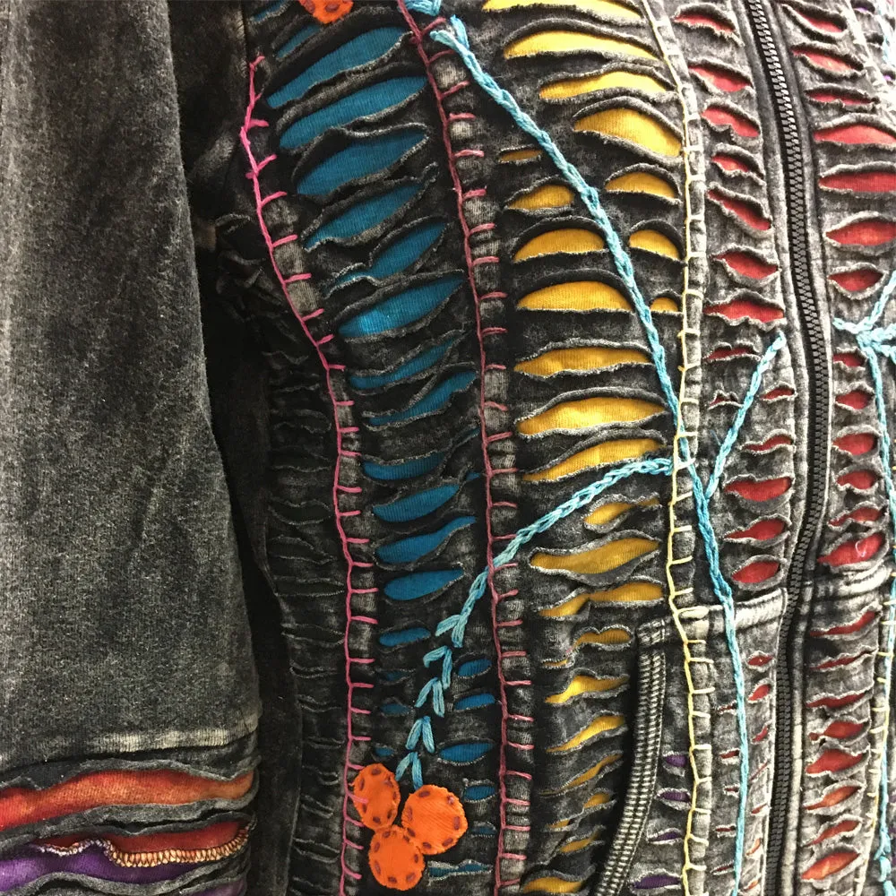 Ethnic Embroidered Stonewashed Designer Cotton Jacket Hoodie Outerwear