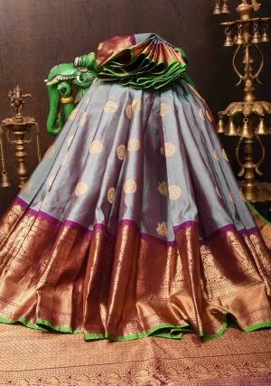 Gray Dual Tone Pure Gadwal Silk Saree with Zari Buttas and Wide Zari Contrast Border | SILK MARK CERTIFIED