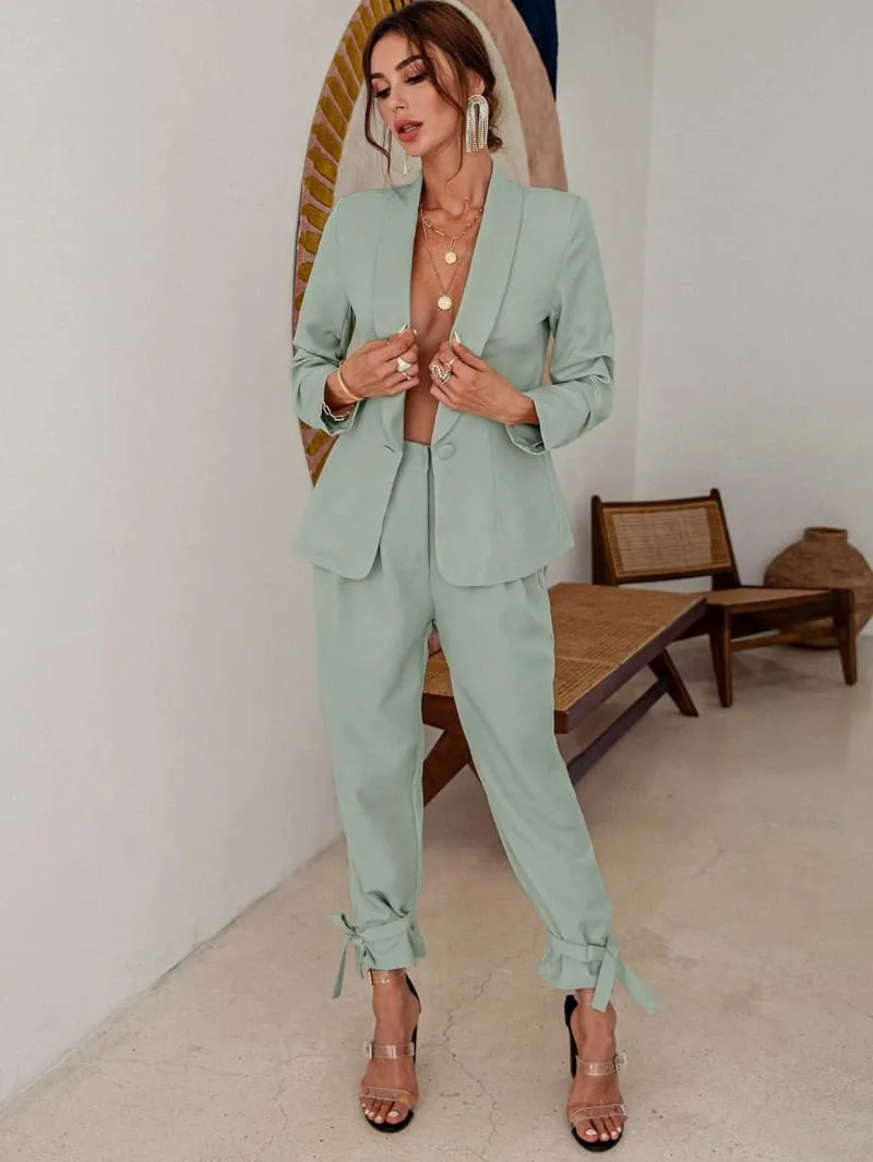 Green High Waisted Ankle Tie Pants & Blazer Set