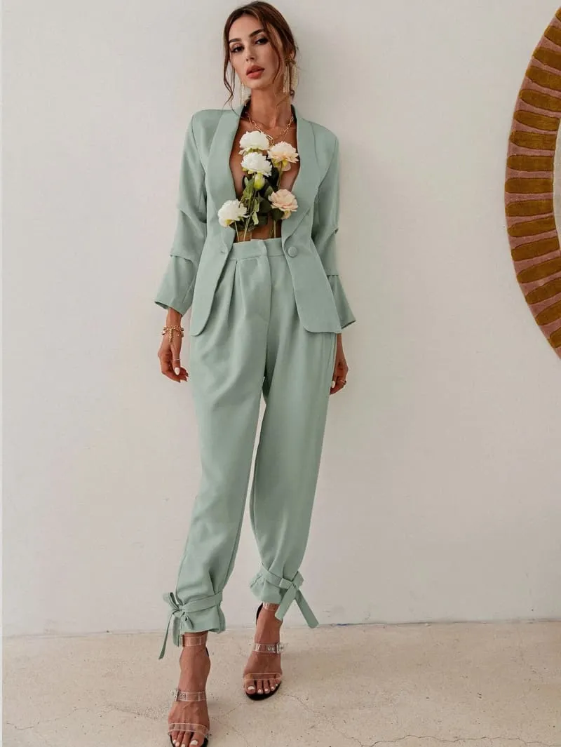 Green High Waisted Ankle Tie Pants & Blazer Set